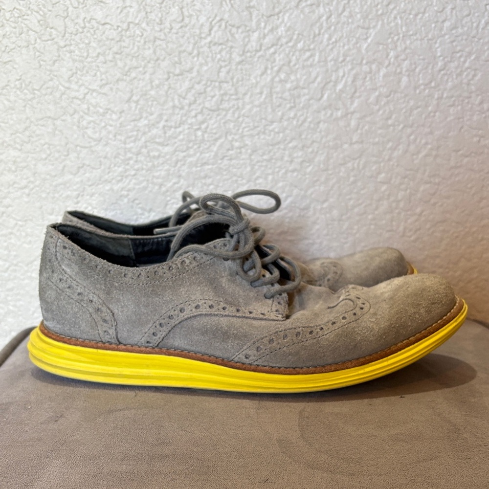 Cole Haan Lunargrand Gray Suede Wingtip Shoes with Yellow Sole